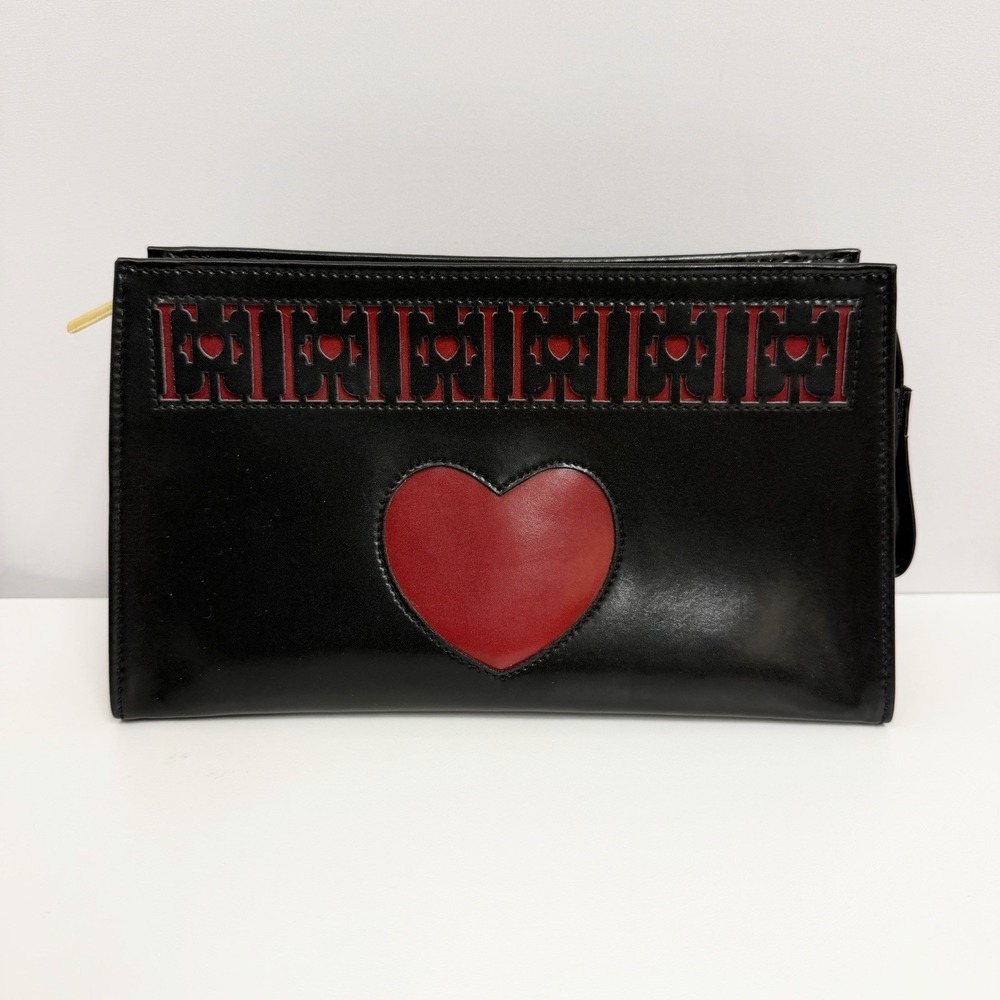 Vintage Escada Leather Clutch Bag Purse Black Red EE Logos Heart $210.00